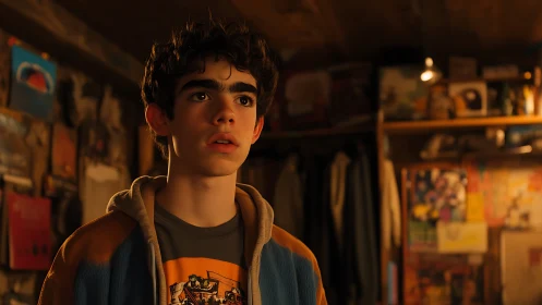 Teen boy stands in dim bedroom filled with posters.