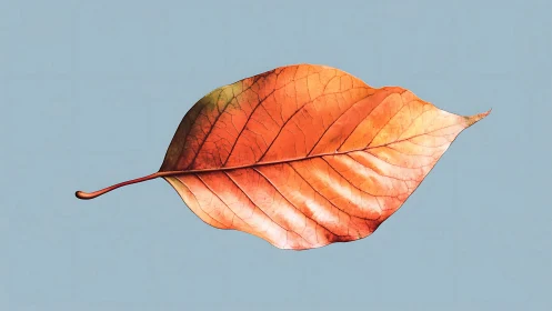 Single orange autumn leaf floats on soft blue backdrop.
