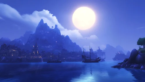 Moonlit Harbor with Mountain Fortress and Sailboats