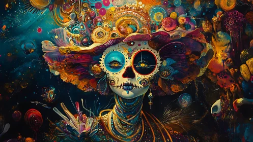 Luminous calavera portrait amid cosmic florals in neon chroma.