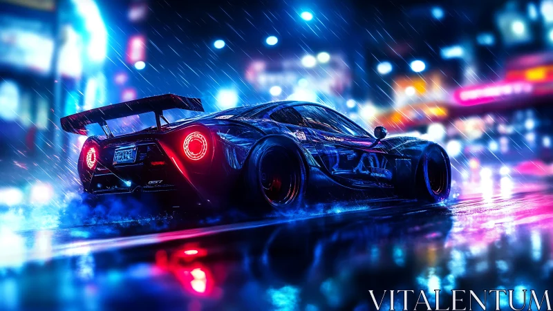 Night rain street scene with illuminated sports car rear view.