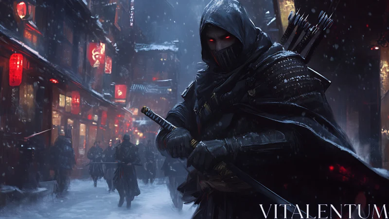 Midnight blade stalks lantern-lit snow in haunted alleyways.