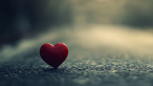 Red heart-shaped object positioned on textured gray surface