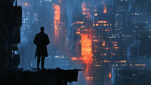 Silhouetted observer surveys abstract neon cityscape in rain-washed dusk