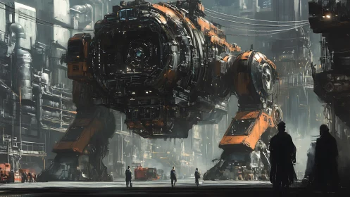 Industrial hangar scene with colossal orange mech under repair.