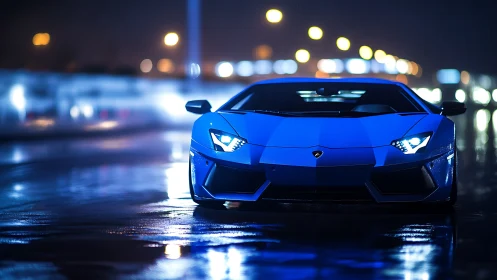 Blue sports car sits on wet city street under night lights