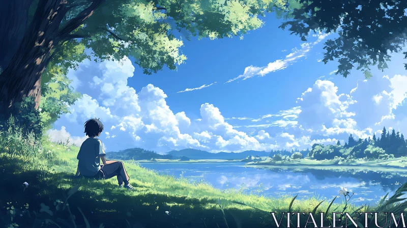 Solitary youth resting under a lakeside summer sky.