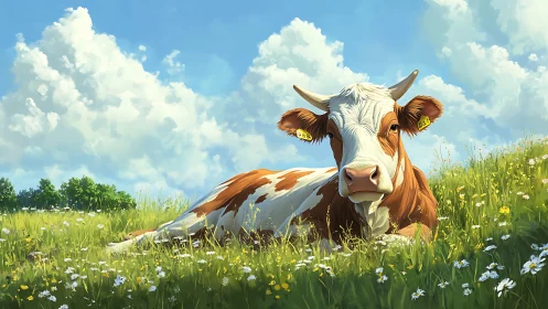 Sunlit meadow cow resting under storybook summer clouds.