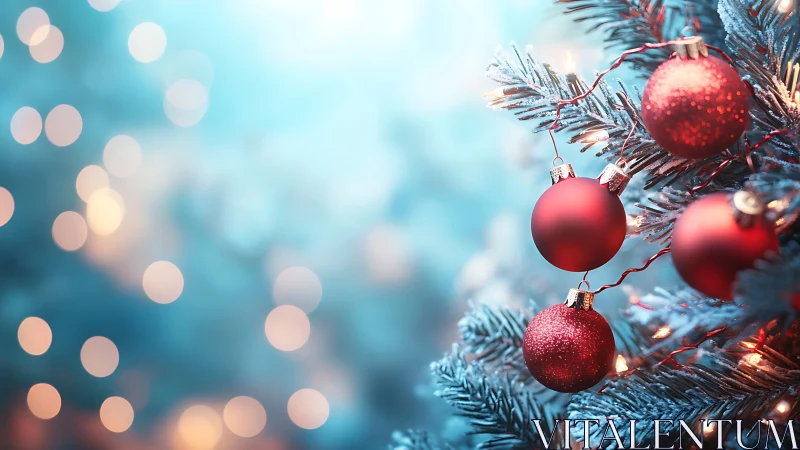 Red baubles hang on frosted Christmas tree with soft bokeh