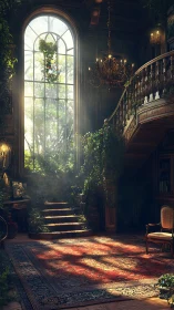 Sunlit overgrown stair hall with grand arched window