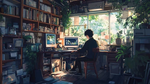 Backlit digital workspace integrates foliage, dual monitors, dense shelving