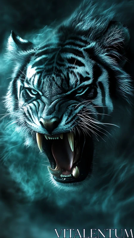 Neon spectral tiger roars through swirling cyan mist.