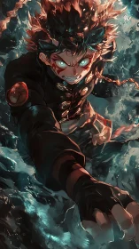 Fierce anime warrior surges through stormy glowing water