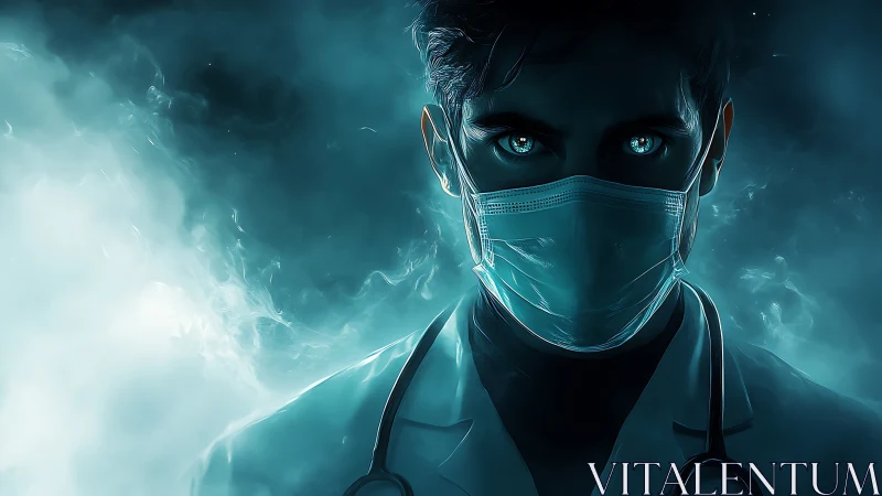 Masked doctor portrait in glowing teal medical haze.