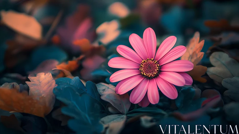 Pink Daisy Blooming Beautifully Amid Autumn Leaves.