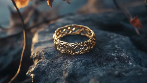 Intricate gold ring resting on textured outdoor stone surface.