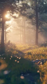 Golden Hour Woodland Landscape with Atmospheric Light Diffusion Through Deciduous Canopy