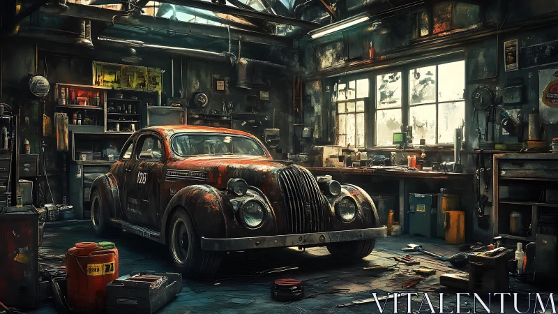 Rusty vintage coupe sits in cluttered, dimly lit workshop