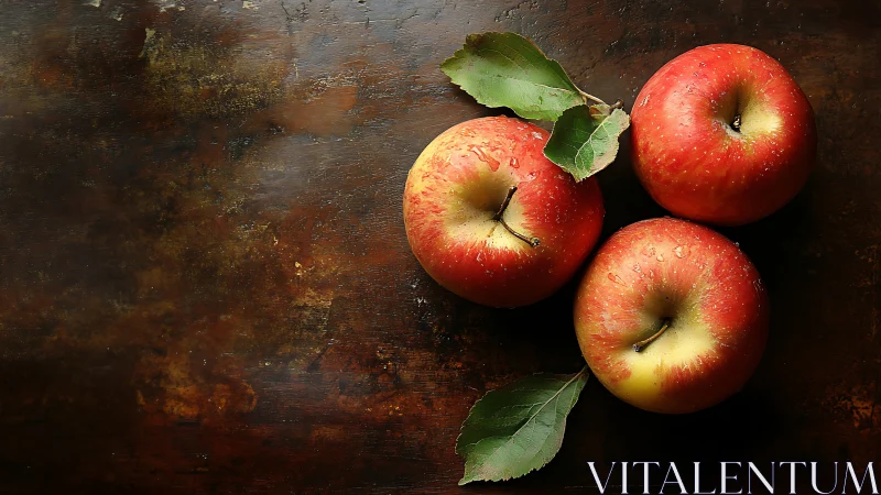 Rustic autumn apples resting on a warmly aged tabletop.