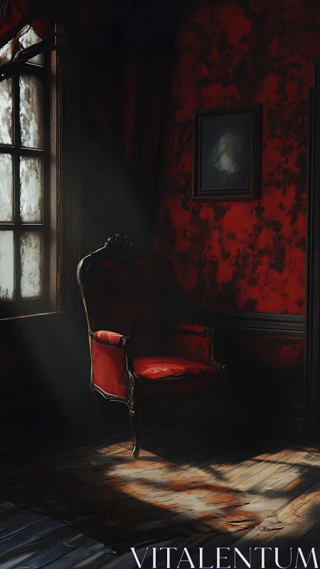 Sunlit red armchair inviting quiet moments in a moody room.