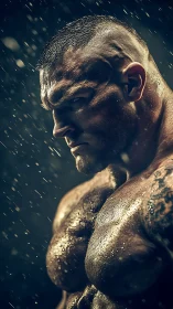 Stormlit titan glares through rain as muscles carve the dark