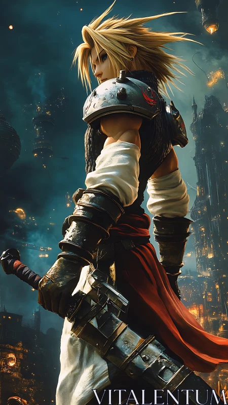 Armored swordsman overlooks dystopian city in dramatic lighting