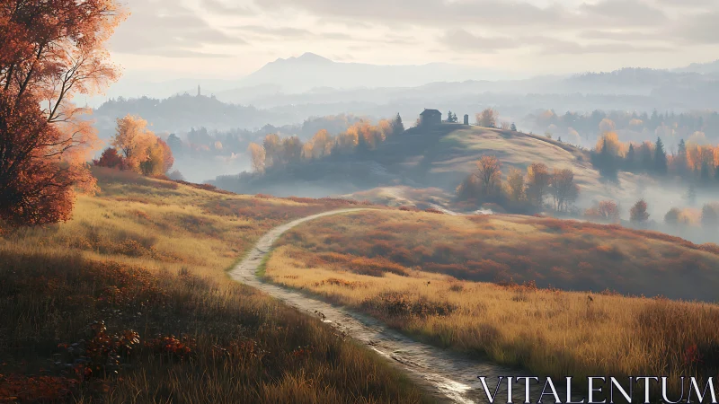 Winding dirt path across misty autumn hills and trees.