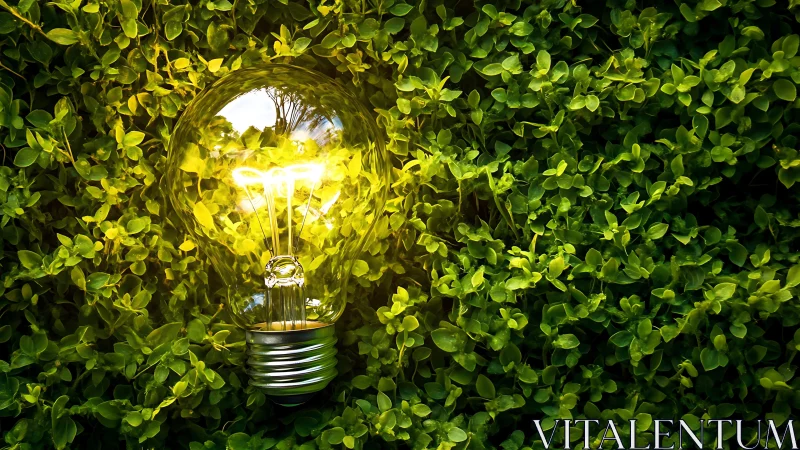Photorealistic bulb embedded in dense green foliage wall.