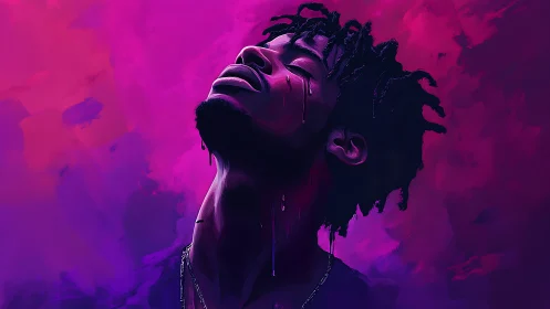 Digital portrait of man with raised head on magenta ground.