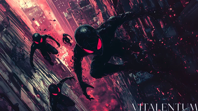 Multiverse arachnid silhouettes traversing neon-ruptured cityscape.