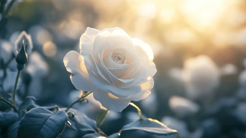 Luminous White Rose Bathed in Golden Sunlight and Serenity