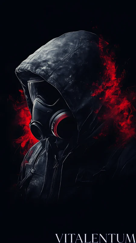 Hooded gas mask figure with red smoke on black field.