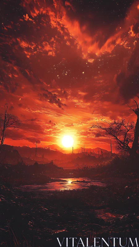 Red sky over swamp landscape at low setting sun.