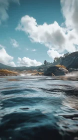 Riverside low-angle landscape with dynamic rippling water.