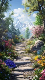 Sunlit garden path gently leads toward peaceful snowy peaks