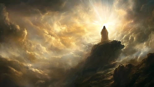 Robe clad figure stands on rocky peak before radiant sky