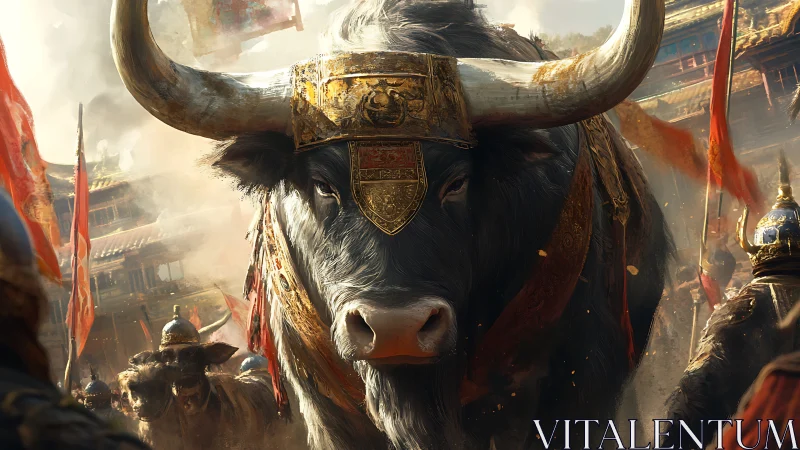 Armored war bull advances through crowded battlefield street