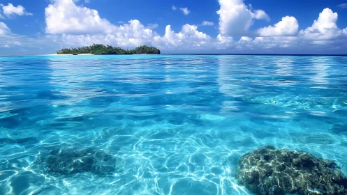 Tropical lagoon with clear turquoise water and distant island