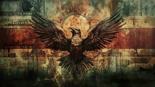 Raven of rusted empires rising over fractured currency skies.