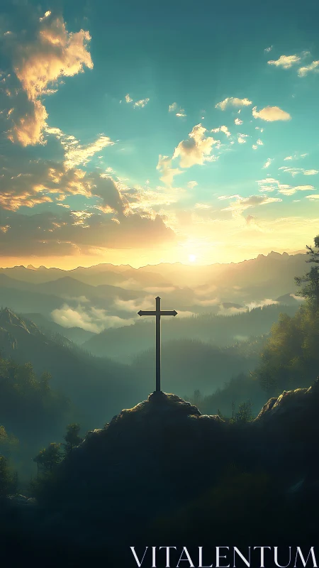 Sunrise cross over misty mountains and quiet forest valley.
