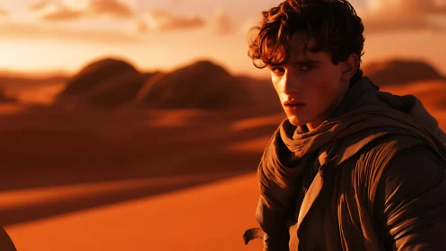 Sunlit wanderer pauses in the quiet glow of desert dunes