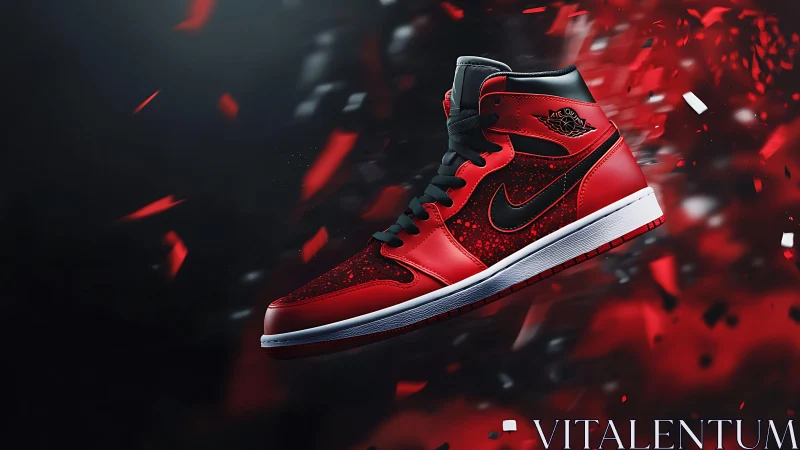Red and black high-top sneaker floats amid dynamic shards