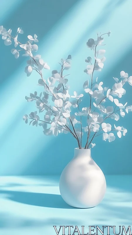 White flowers in minimalist vase against serene blue backdrop