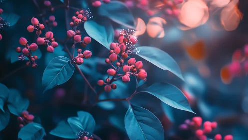 Chromatic macro study of teal foliage and magenta buds.