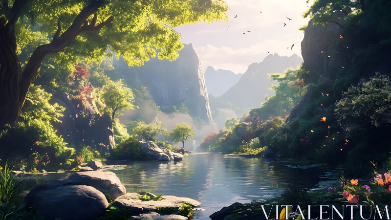 Sunlit mountain river valley with dense luminous forest