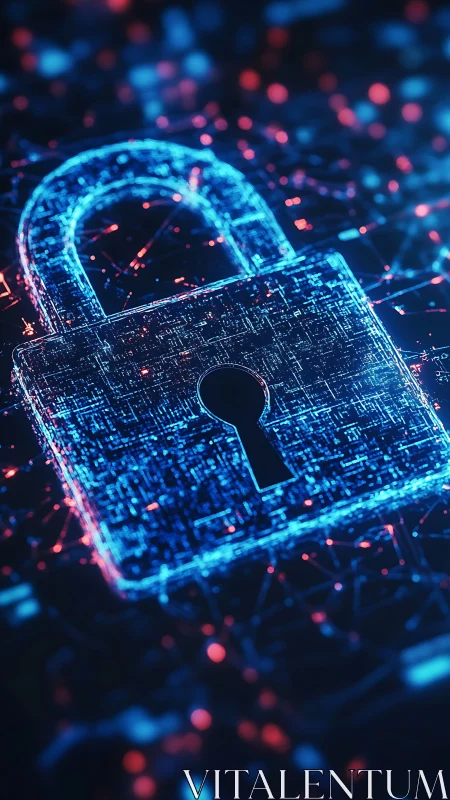 Glowing digital padlock visualizes abstract cybersecurity network