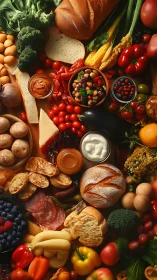 Top-down rustic spread of mixed fresh produce and breads
