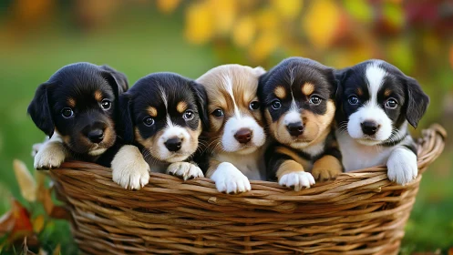 Row of mixed-color puppies in wicker basket outdoors.