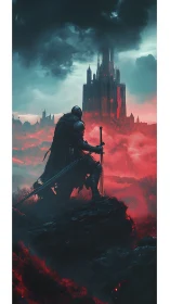 Armored knight overlooking infernal citadel in crimson fog