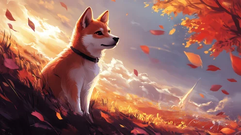 Shiba dog watches glowing autumn landscape at sunset